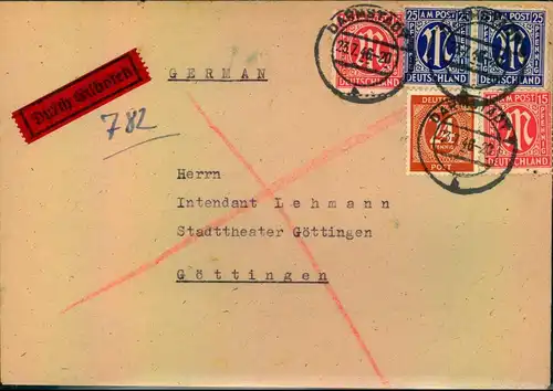 1946, Eilbrief aus DARMSTADT, Mischfrankatur AM-Post/Ziffer
