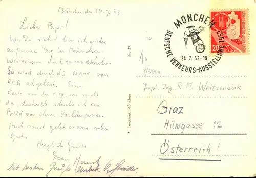 1953: 20 Pfg. Verkehrsausstellung  auf Sonderkarte nach Graz