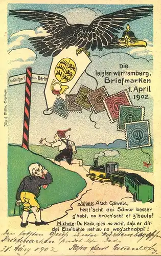 1902, Gedenkkarte zun Ende der württembergischen Briefmarken  "ULN BAHNHOF 31.3.02"