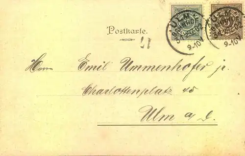 1902, Gedenkkarte zun Ende der württembergischen Briefmarken  "ULN BAHNHOF 31.3.02"