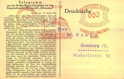 1934, offizielle Karte zur Mittelmeerfahrt der "Milwaukee" mit Schiffs-Freistempel