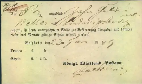 1849, Postschein von WELZHEIM