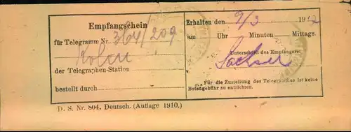 1917: frankierter Empfangsschein für eine Telegramm. Selten!