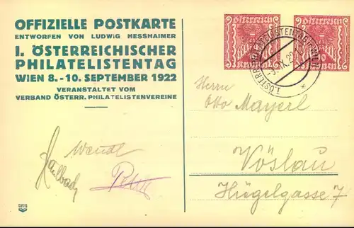 1922: Offizielle Postkarte zum "1. Österreichischen Philatelistentag", entworfen von Ludwig Hessheimer mit 2 Wertstempel