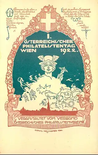 1922: Offizielle Postkarte zum "1. Österreichischen Philatelistentag", entworfen von Ludwig Hessheimer mit 2 Wertstempel