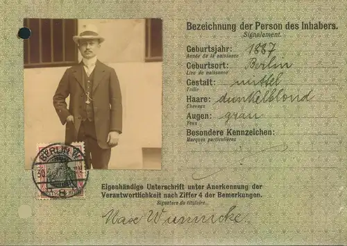 1913, früher Postausweis vom Postamt “BERLIN W 8 – 30.7.13“ mit 50 Pfg. Germania.