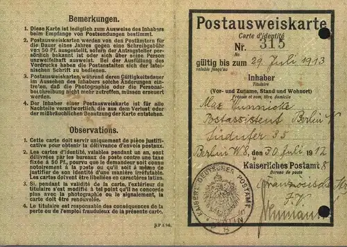 1913, früher Postausweis vom Postamt “BERLIN W 8 – 30.7.13“ mit 50 Pfg. Germania.