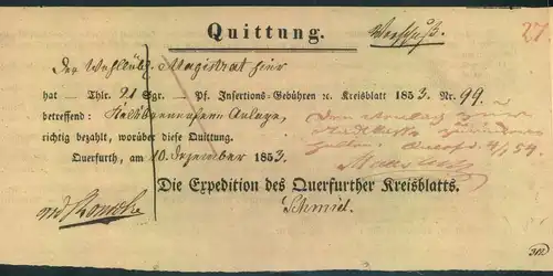 1853, Zeitungsquittung der Expedition des Querurther Kreisblattes“.