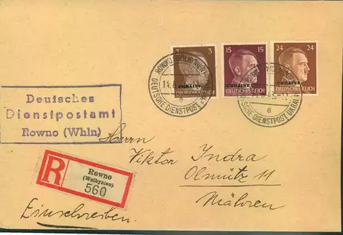 1943, DEUTSCHE DIENSTPOST UKRAINE: Einschreiben ab ROWNO