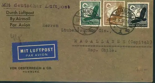 1936, Luftpostbrief von HAMBURG nach Magalanes  , Chile