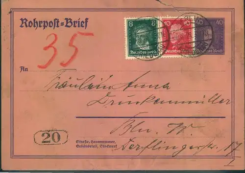 1928, Rohrpost Ganzsachenumschlag mit portogerechter Zusatzfrankatur ab BERIN-FRIEDENAU