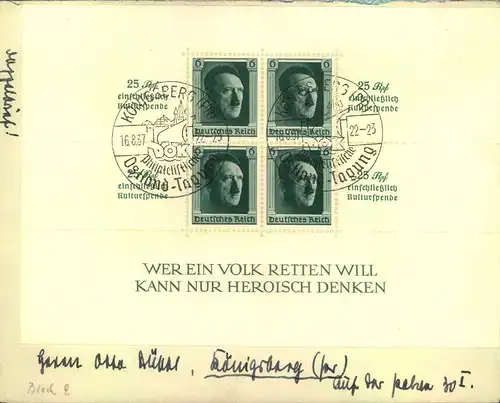 1937, Kulturspende-Block portogerecht auf Doppelbrief mit SSt KLNIGSBERG