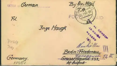 1941, Brief aus dem Internierungslager für deutsche Seeleute der Handelsmarine auf Jamaica nach Berlin