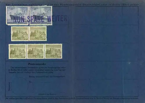 1955, komplette Postsparkarte mit 3,-DM Guthaben