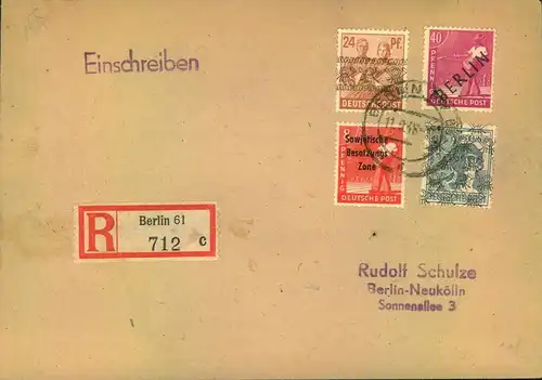 1948, Sammler-R-Brief mit MiF  SBZ, Schwarzaufdruck und Bizone ab BERLIN 61