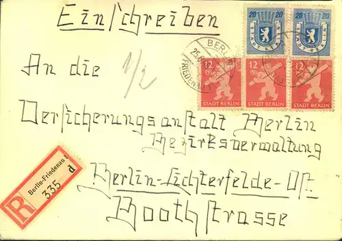 1946, Ortseinschreiben mit Bärenfrankatur ab "BERLIN-FRIEDENAU 25.6.46"