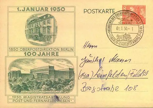 1950, "100 Jahre Berliner Oberpostdirektion" 8 Pfg GSK mit Sonderstempel vom Ersttag 1.1.50 mit viel Text gebraucht