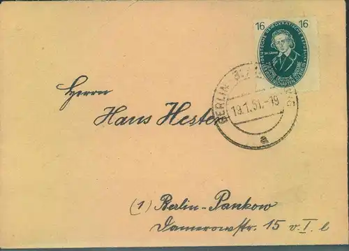 1951, 16 Pfg Akademie der Wissenschaften auf kleinem Ortsbrief ab BERLIN-BLANLENBURG