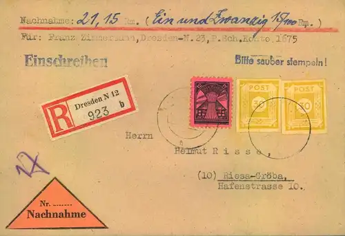 1946, Einschreiben Nachnahme mit interessanter Frankatur ab DRESDEN