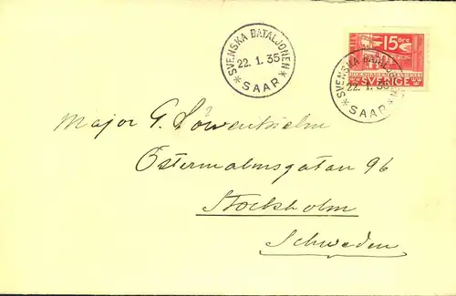 1935, Brief mit Absender "SVENSKA BATALJONEN - SAAR" nach Stockholm, mit Ankunftsstempel