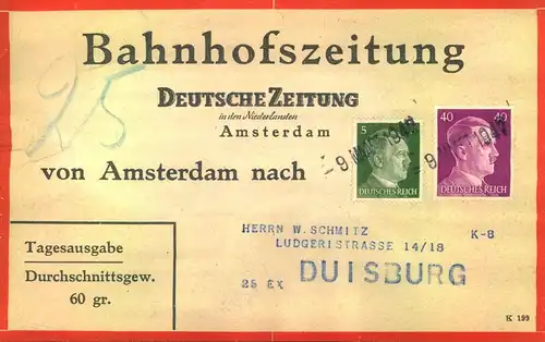 1942, Adressträger für Bahnhofszeitungen von AMSTERDAM nach DUISBURG