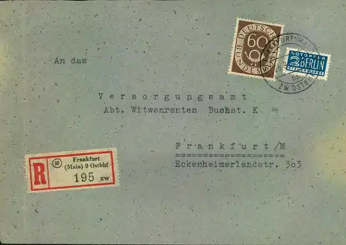 1954, 60 Pfg. Posthorn sehr spät verwendeztauf Ortseinschreiben "FRANKFURT (MAIN) 9 Ostbhf 29:9:42