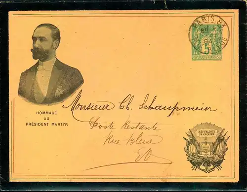1894, envelope 5 C. Sage "Hommage au President Martyr" used in Paris