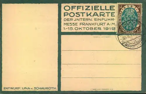 1919, Sonderkarte "Inern. Einfuhr-Messe Frankfurt A(M" mit Sonderstempel "FRANKFURT MESSEPOSANT"