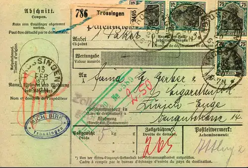 1920, Auslands-Paketkarte aus TROSSINGEN mit Germania Einheiten
