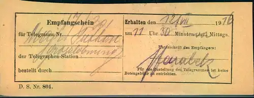 1916: Frankierter Empfangsschein für ein Telegramm, selten