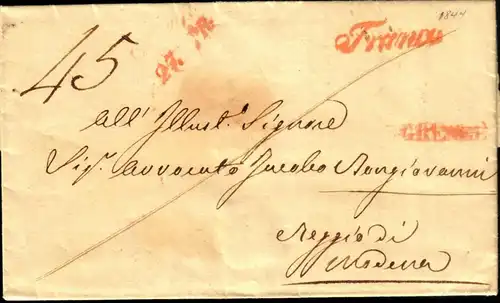 1866,  markenloser Brief mit rotem "Franco Stempel von WIEN nach Reggio