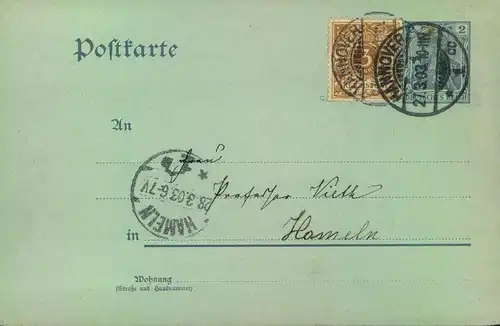 1903, 3 Pfg. Krone/Adler in sehr später MiF mit 2 Pfg. Germania Postkarte ab HANNOVER. Obwohl nicht mehr gültig unbeanst