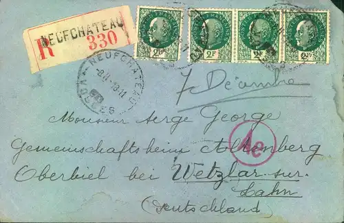 1943, ZWANGSARBEITERPOSZ: R-Brief aus NEUFCHATEAU, Frankreich in das  Gemeinschaftsheim Altenberg b. Wetz,lar.