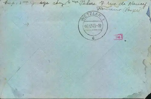 1943, ZWANGSARBEITERPOSZ: R-Brief aus NEUFCHATEAU, Frankreich in das  Gemeinschaftsheim Altenberg b. Wetz,lar.