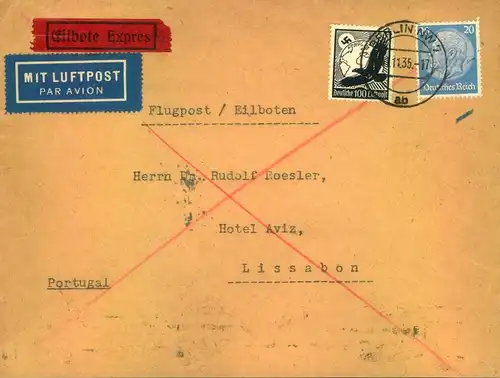 1935, Luftpostbrief per Eilboten von BERLIN NW 7 ab nach Lissabon