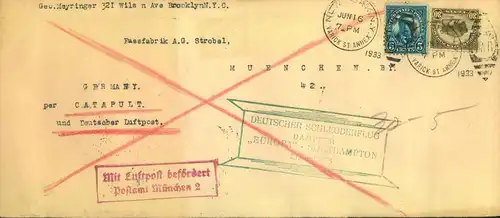 1933, Firmenbrief aus NEW YORK mit grünem Cachet "REUTSCHER SCHLEUDERFLUG DAMPFER "EUROPA" - SOUTHAMPTON" weiter mit Flu