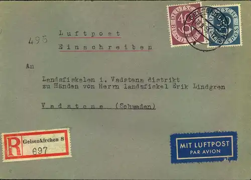 1953, Einschreiben mit 40 und 30 Pfg. Posthorn ab GELSENKIRCHEN nach Schweden.