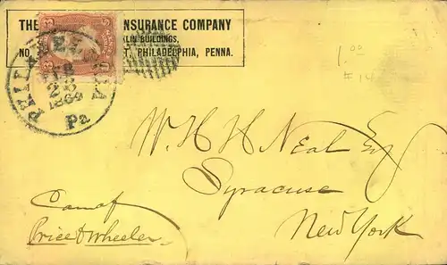1869, business letter franked with 3 Cent Washington from PHILADELPHIA