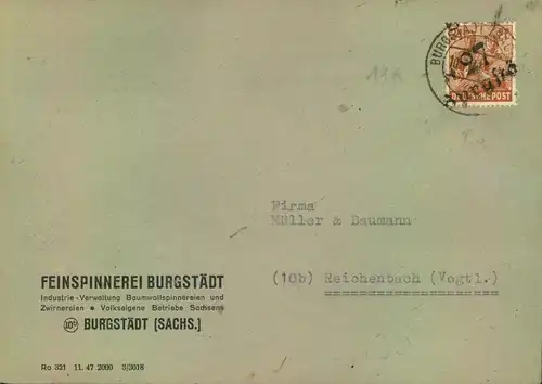 1948, BEZIRKSHANDSTEMPEL, Bezirk "27": Fernbrief ab "(10) BURGSTÄDT"