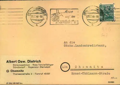 1948, BEZIRKSHANDSTEMPEL, Bezirk "27": Ortsbrief in Chemnitz