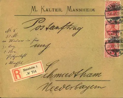 1910, Postauftrag von MANNHEIM mit 3-mal 10 Pfg Germania und Formular