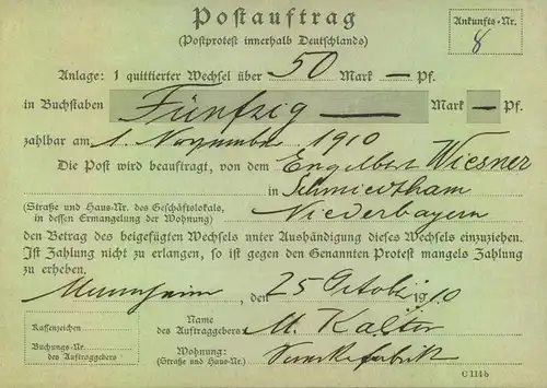 1910, Postauftrag von MANNHEIM mit 3-mal 10 Pfg Germania und Formular