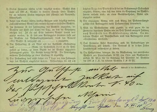 1910, Postauftrag von MANNHEIM mit 3-mal 10 Pfg Germania und Formular