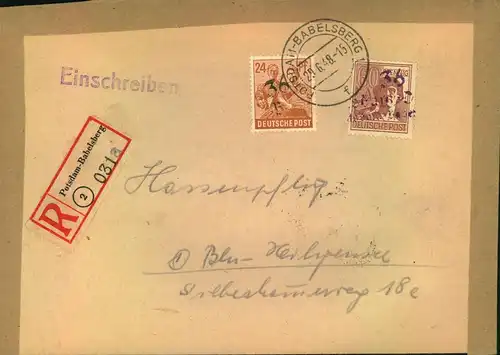 1948, BEZRILSHANDSTEMPEL BEZIRK 25: R-Brief von POTSDAM-BABELSBER, ausführlicher Befund