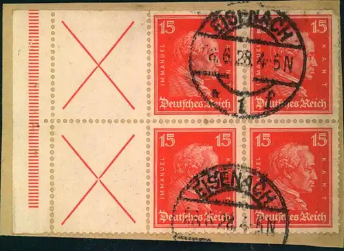 1927, Zusammendruck 1X / 15 Pfg. Kant 2-mal gestempelt vom Rand auf Briefstück - bitte lesen