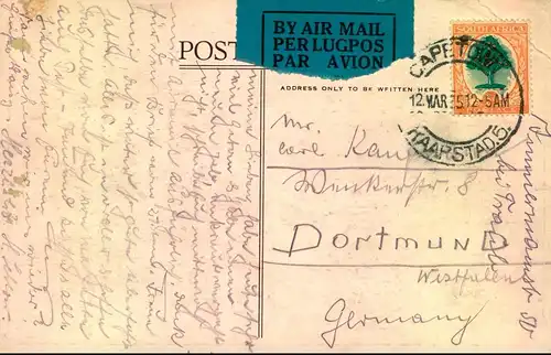 1935, air mail card from CAPE TOWN to Germany