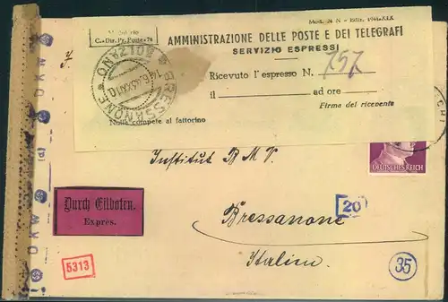 1943,Auslandseilbrief ab "RAUN/Lech" nach Bressancone. Mit italoenischem Express-Aufkleber. Europaporto 52 Pfg.