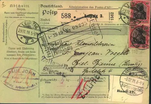 1919, 80 Pfg. Germania im senkrechten Paar auf Paletkarte ab LEIPZIG 3 in die Schweiz
