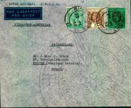 1933, air mail via "KLM" from SINGAPORE to Switzerland
