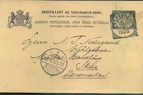 1905, stationery card from "WELTEVREDEN" to Danmark. Scarce destionation.